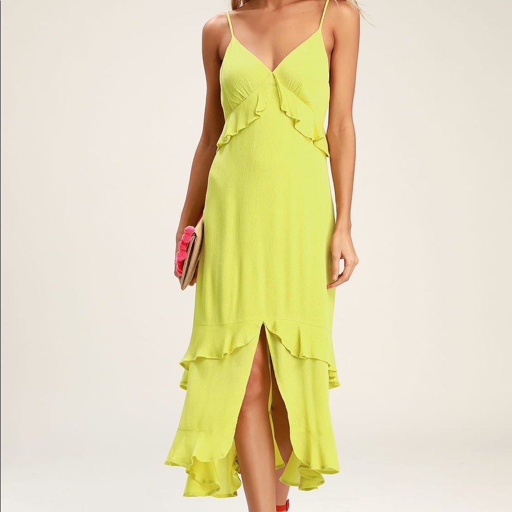 Lulus Island Time Lime Green Ruffled Midi Dress